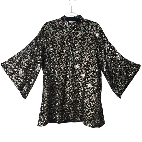 La Vie Style House Gold Deco Sequin Caftan Black Flared Sleeve Mini OSFM NWT - Picture 4 of 13